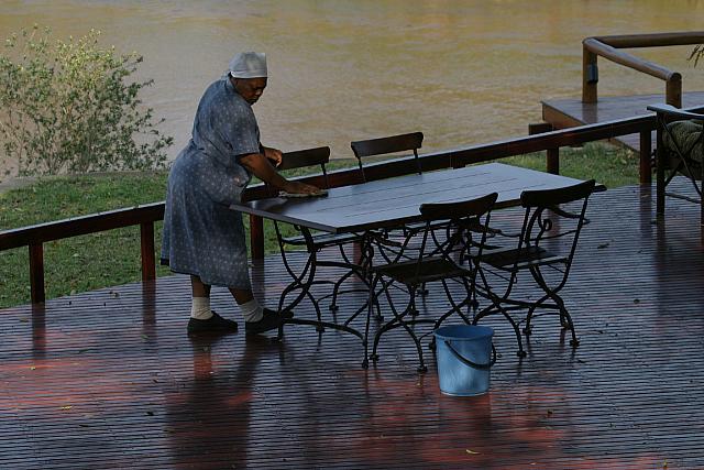 Cleaning tables at the lodge