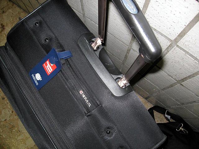 This is what happens when you check in a suitcase with a handlebar that is stuck!