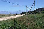 Two people walking on dirt road